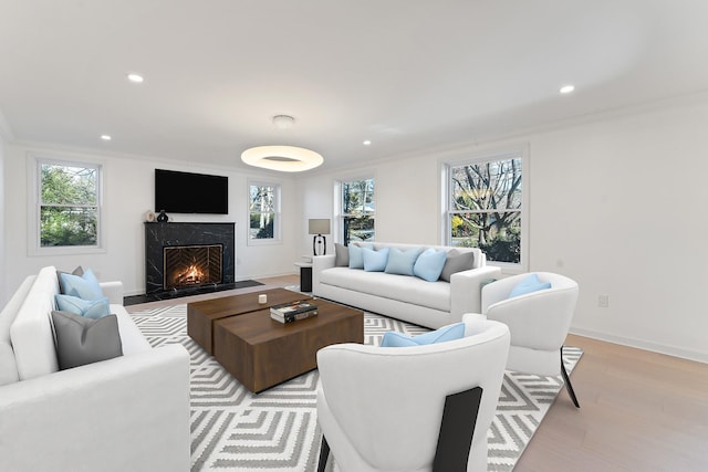 living room featuring a premium fireplace, crown molding, and a wealth of natural light