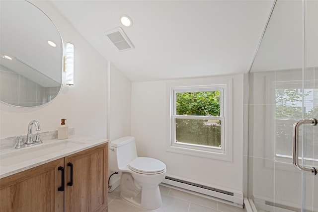 bathroom featuring vanity, a baseboard heating unit, tile patterned flooring, toilet, and a shower with shower door