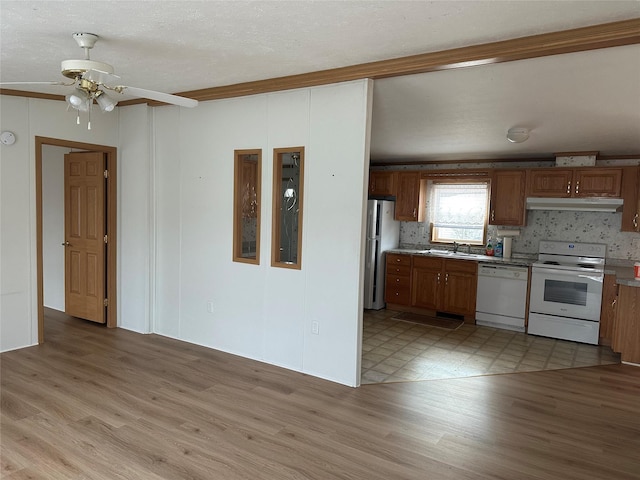 kitchen featuring ceiling fan, sink, light hardwood / wood-style floors, and white appliances