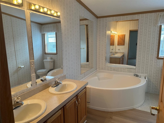 bathroom featuring vanity, crown molding, toilet, a tub to relax in, and wood-type flooring