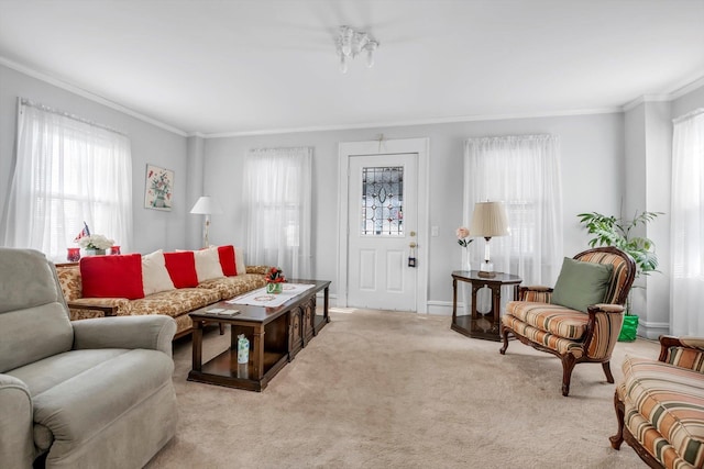 carpeted living room featuring crown molding and a wealth of natural light