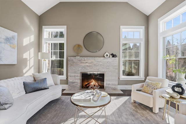 living room featuring a premium fireplace, lofted ceiling, and hardwood / wood-style flooring