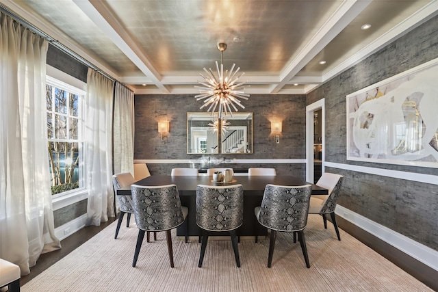 dining room featuring an inviting chandelier, beam ceiling, wood-type flooring, and coffered ceiling