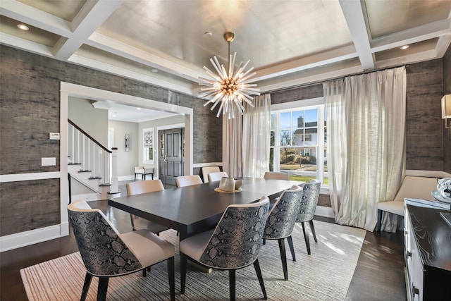 dining room featuring beamed ceiling, dark hardwood / wood-style flooring, coffered ceiling, and a chandelier