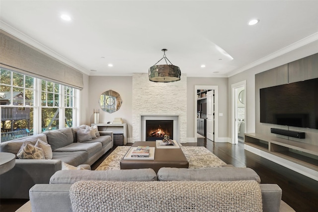 living room featuring crown molding, dark hardwood / wood-style floors, and a fireplace