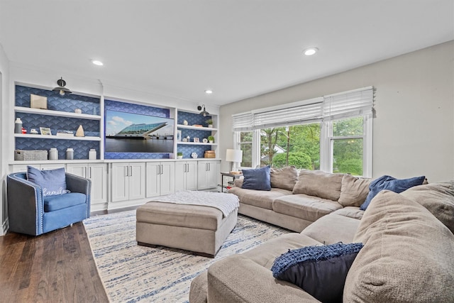 23 Old Brick Rd, New City, NY 10956 - living area with dark wood-style flooring, recessed lighting, and built in shelves