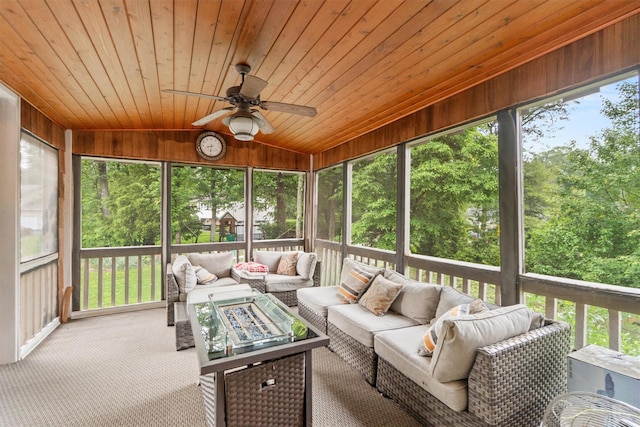 23 Old Brick Rd, New City, NY 10956 - sunroom / solarium featuring an outdoor living space, lofted ceiling, ceiling fan, and view of scattered trees