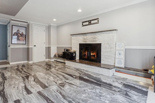 living room featuring a fireplace and ornamental molding