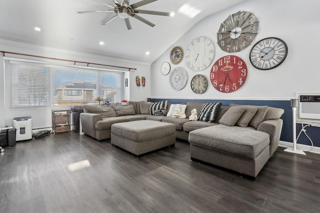 living room featuring ceiling fan, dark wood-type flooring, and vaulted ceiling