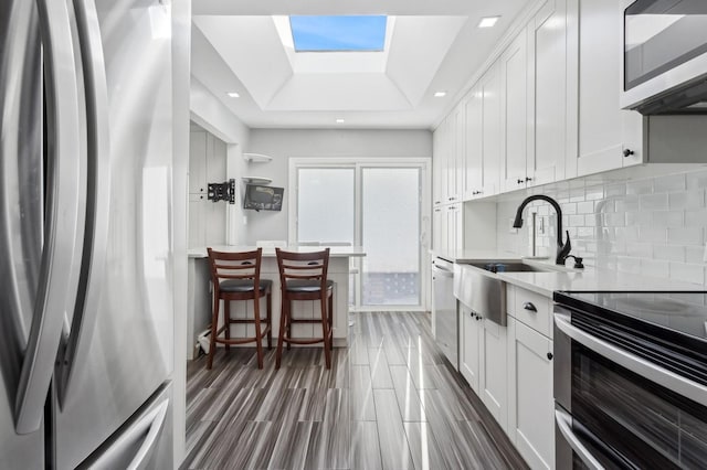 kitchen featuring a raised ceiling, stainless steel appliances, white cabinetry, and a skylight