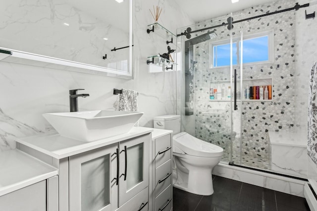 bathroom featuring vanity, a baseboard radiator, tile patterned flooring, toilet, and a shower with shower door