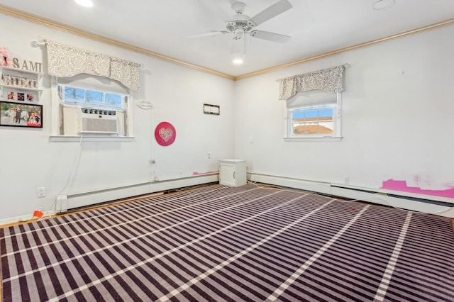 interior space featuring cooling unit, baseboard heating, crown molding, and ceiling fan