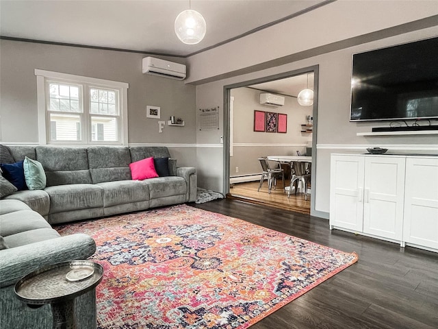 living room with a wall mounted air conditioner, dark hardwood / wood-style flooring, and a baseboard heating unit