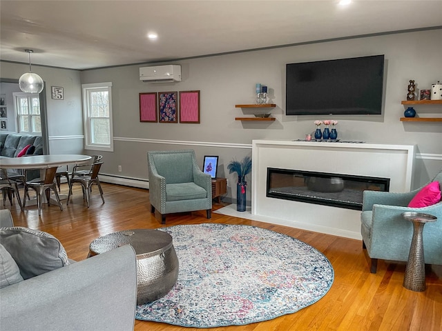 living room with wood-type flooring, a wall unit AC, and a baseboard radiator