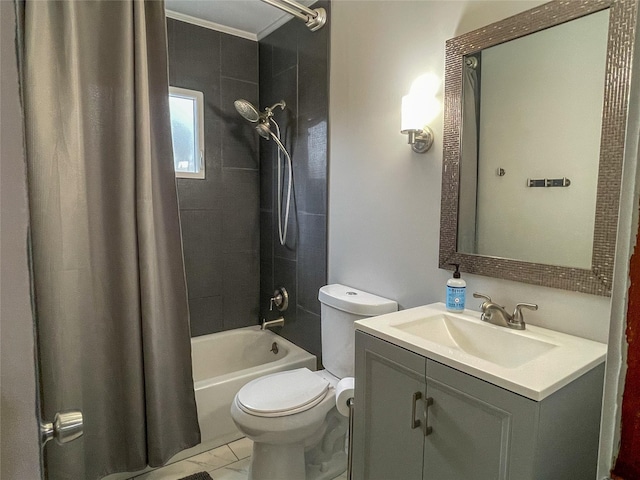 full bathroom featuring tile patterned floors, vanity, shower / bath combination with curtain, and toilet