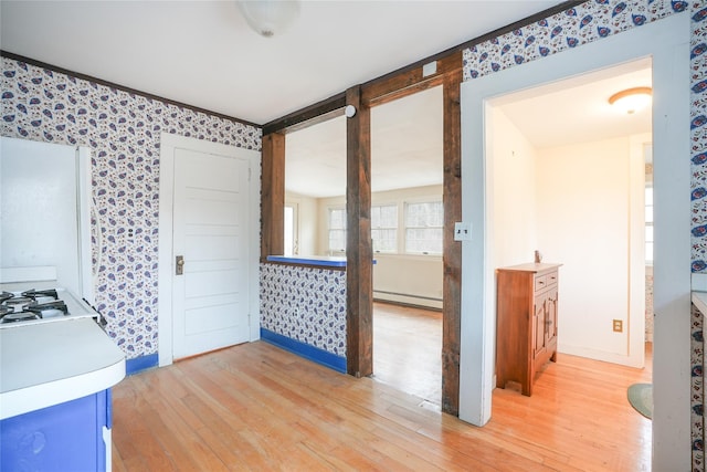 kitchen with baseboard heating and light hardwood / wood-style flooring