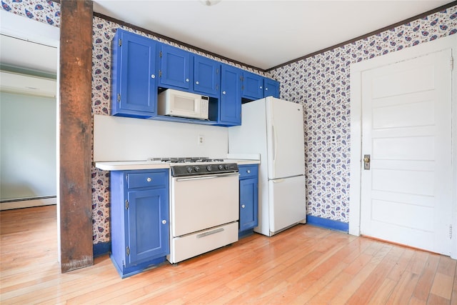 kitchen with crown molding, white appliances, blue cabinetry, baseboard heating, and light hardwood / wood-style floors