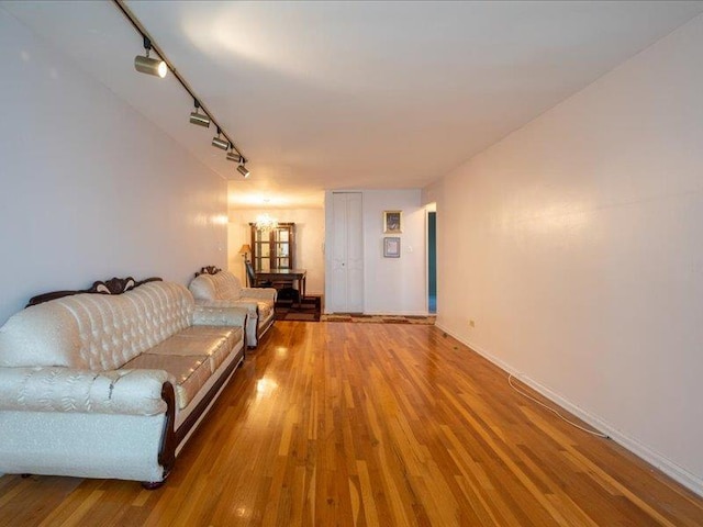 living room featuring rail lighting and wood-type flooring