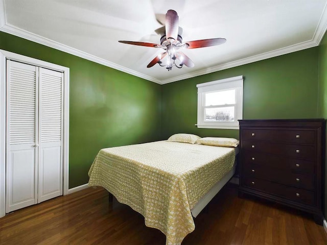 bedroom with dark hardwood / wood-style flooring, a closet, ceiling fan, and ornamental molding