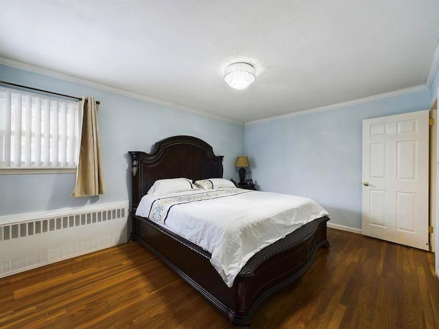 bedroom featuring dark hardwood / wood-style flooring, radiator heating unit, and ornamental molding