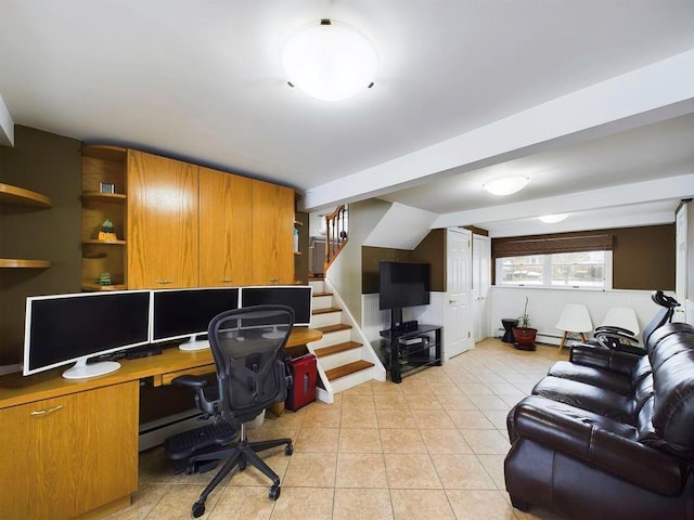 tiled office with a baseboard radiator