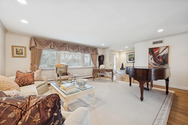 living room featuring wood-type flooring, a baseboard radiator, and ornamental molding