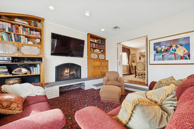 living room with a fireplace