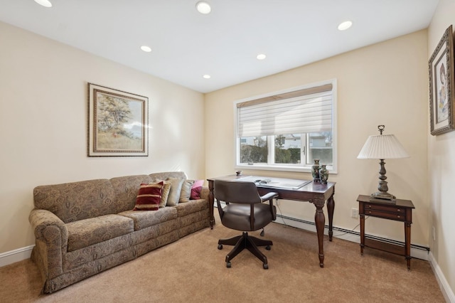 carpeted office featuring a baseboard radiator