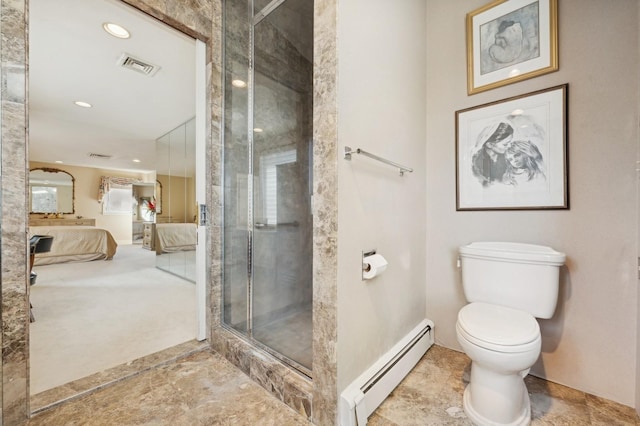 bathroom with a baseboard radiator, toilet, and walk in shower