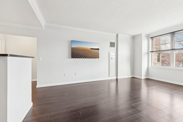 unfurnished living room with a textured ceiling, dark hardwood / wood-style floors, and crown molding