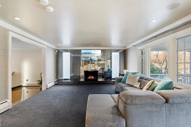 living room with crown molding, a fireplace, and a baseboard radiator