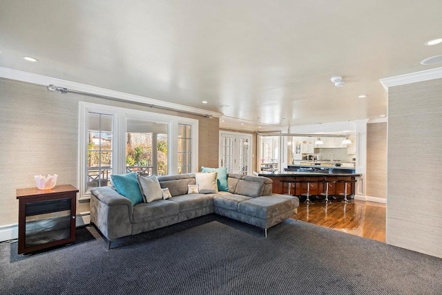 living room featuring dark hardwood / wood-style floors, french doors, crown molding, and a baseboard heating unit