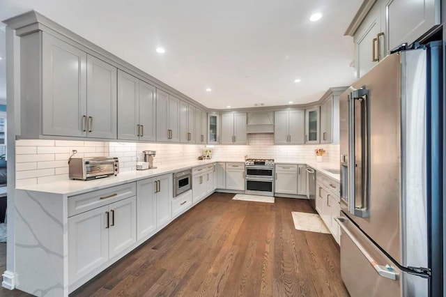 kitchen featuring custom exhaust hood, backsplash, dark hardwood / wood-style floors, light stone counters, and stainless steel appliances