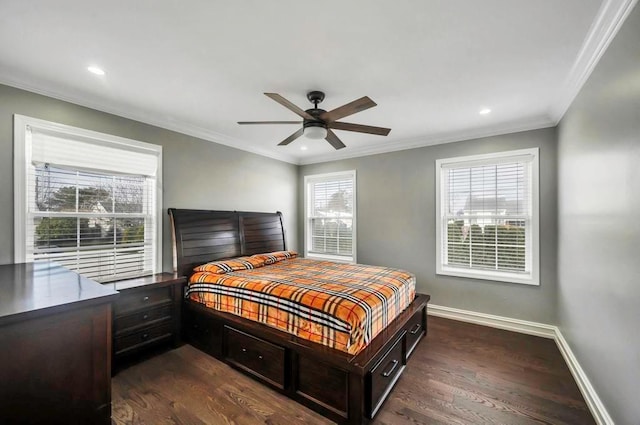 bedroom featuring ceiling fan, dark hardwood / wood-style floors, and ornamental molding