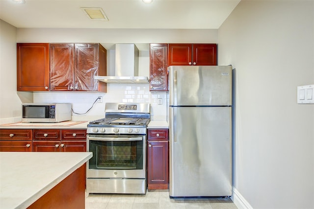 kitchen with decorative backsplash, wall chimney exhaust hood, and stainless steel appliances