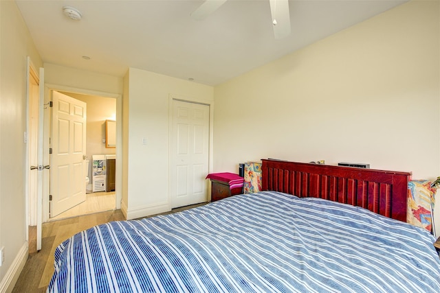 bedroom with ceiling fan and light wood-type flooring