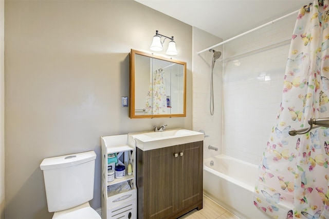 full bathroom with vanity, toilet, and shower / bathtub combination with curtain