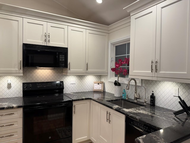 kitchen featuring white cabinets, decorative backsplash, sink, and black appliances