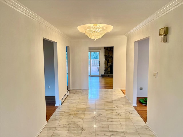 hallway featuring ornamental molding, a baseboard radiator, and a notable chandelier