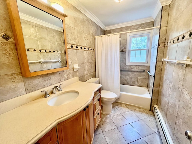 full bathroom featuring vanity, a baseboard heating unit, shower / bath combination with curtain, ornamental molding, and tile walls