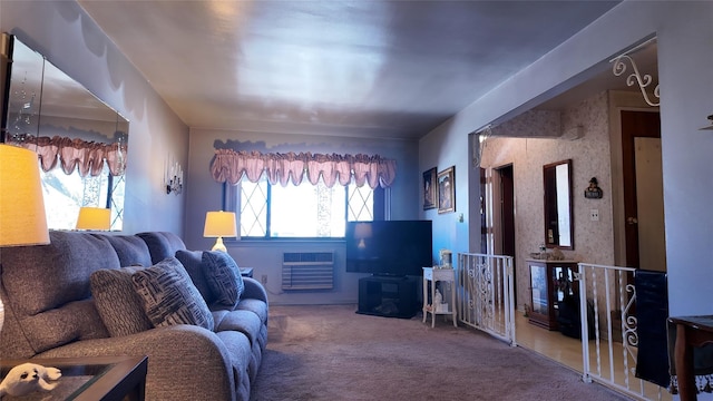 carpeted living room featuring heating unit
