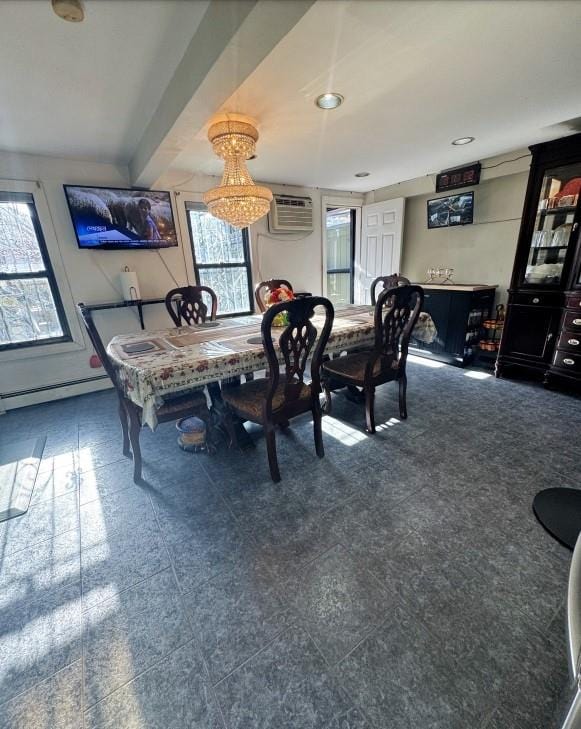 dining space featuring an AC wall unit and baseboard heating