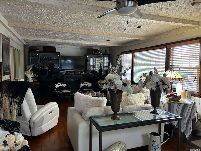 living room featuring ceiling fan, beam ceiling, and dark hardwood / wood-style flooring