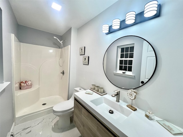 bathroom with a shower, toilet, and vanity