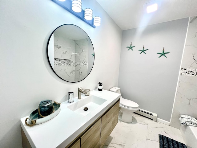 bathroom featuring toilet, vanity, and a baseboard radiator