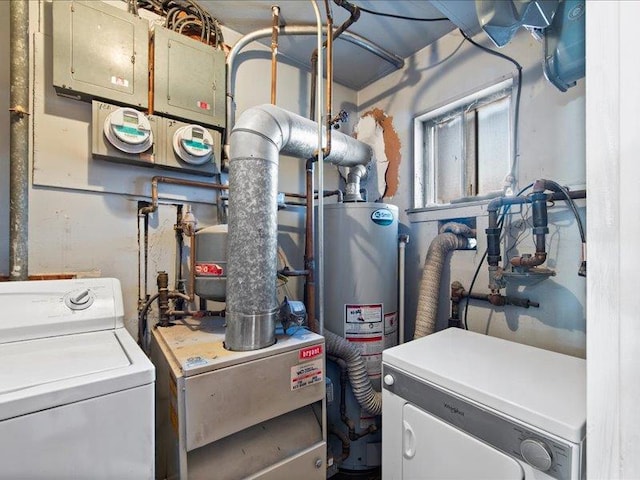 utilities with electric panel, gas water heater, and washer / clothes dryer