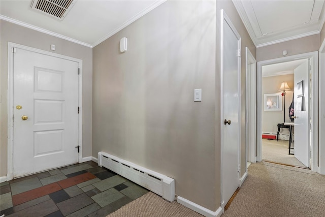 interior space featuring baseboard heating, ornamental molding, and light carpet