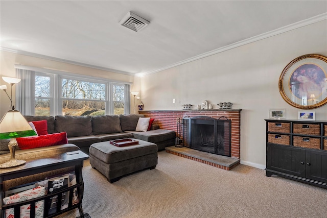 carpeted living room with a brick fireplace and ornamental molding