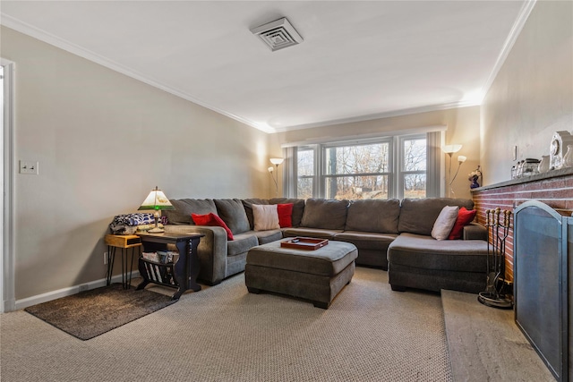 living room with light carpet and crown molding