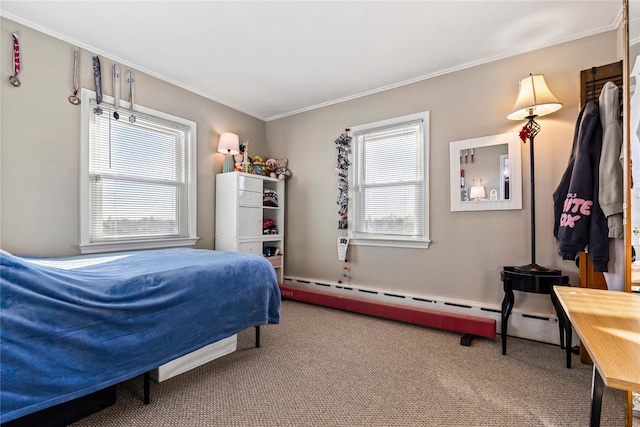 carpeted bedroom with crown molding and a baseboard heating unit